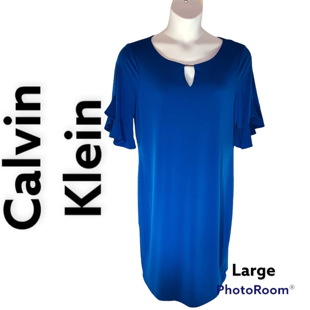 Calvin Klein Women blue sheath midi dress bell sleeve back zip Sz Large